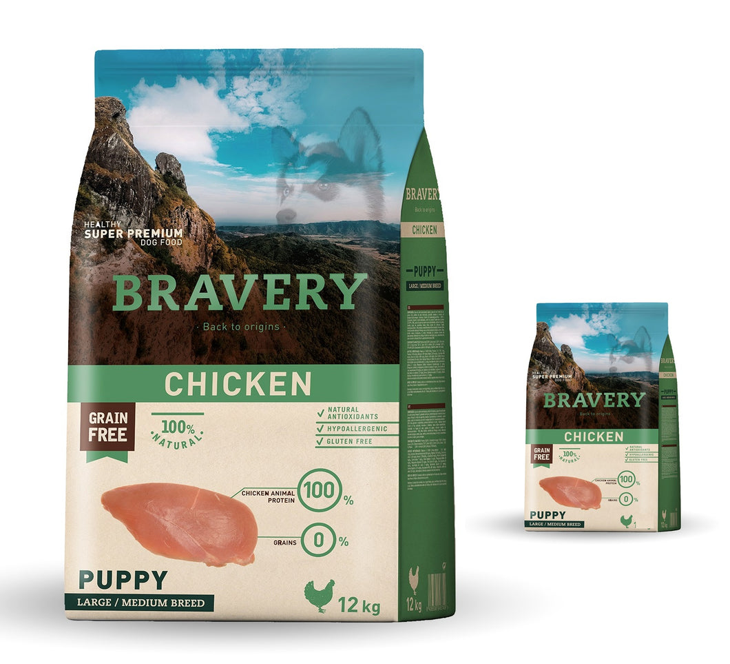 Bravery Grain Free Puppy Mediano y Grande 12Kg Pollo (+4Kg Gratis) 25%Off