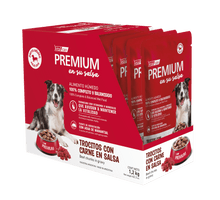 Cargar imagen en el visor de la galería, Caja Vitalcan Premium Pouch 100g Trocitos con Carne en Salsa (12 Sobres)