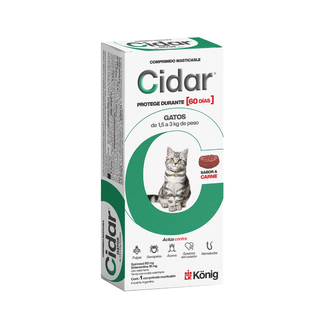 Pastilla Gato Interna Externa Antipulgas Cidar 1.5/3Kg (60 dias)