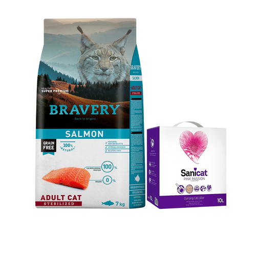 Bravery Grain Free Gato Castrado 7Kg Salmon (con Arena Sanicat 7Kg)