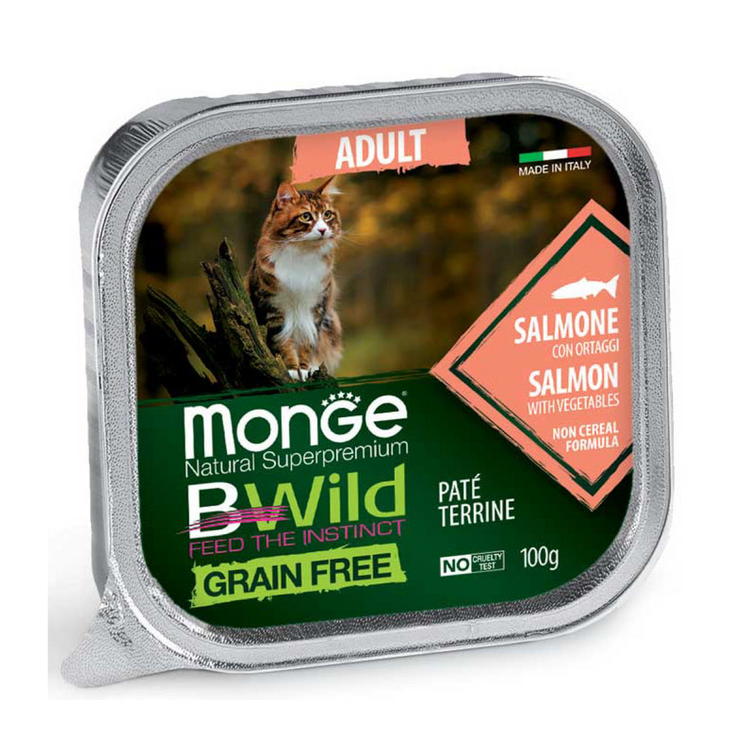 Pate Gato Adulto Monge BWild Grain Free Salmon con Verdura 100g