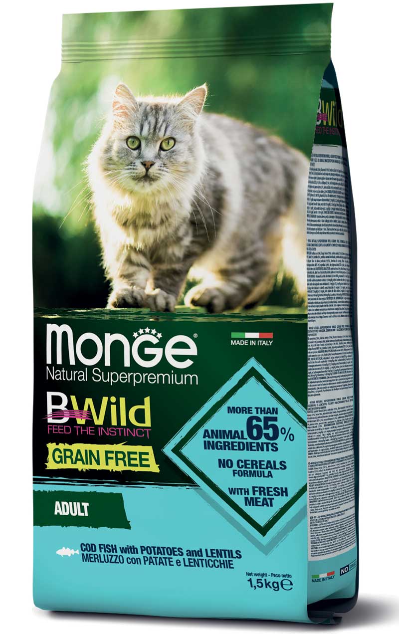 Monge BWild Grain Free Feline Adulto Merluza con Papa y Lenteja 1.5kg Con Regalo