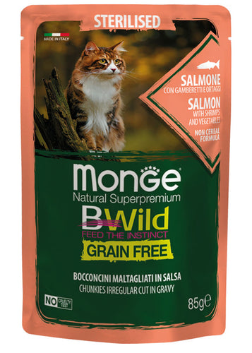 Salsa Gato Castrado Monge BWild Grain Free Salmon con Gambas 85g
